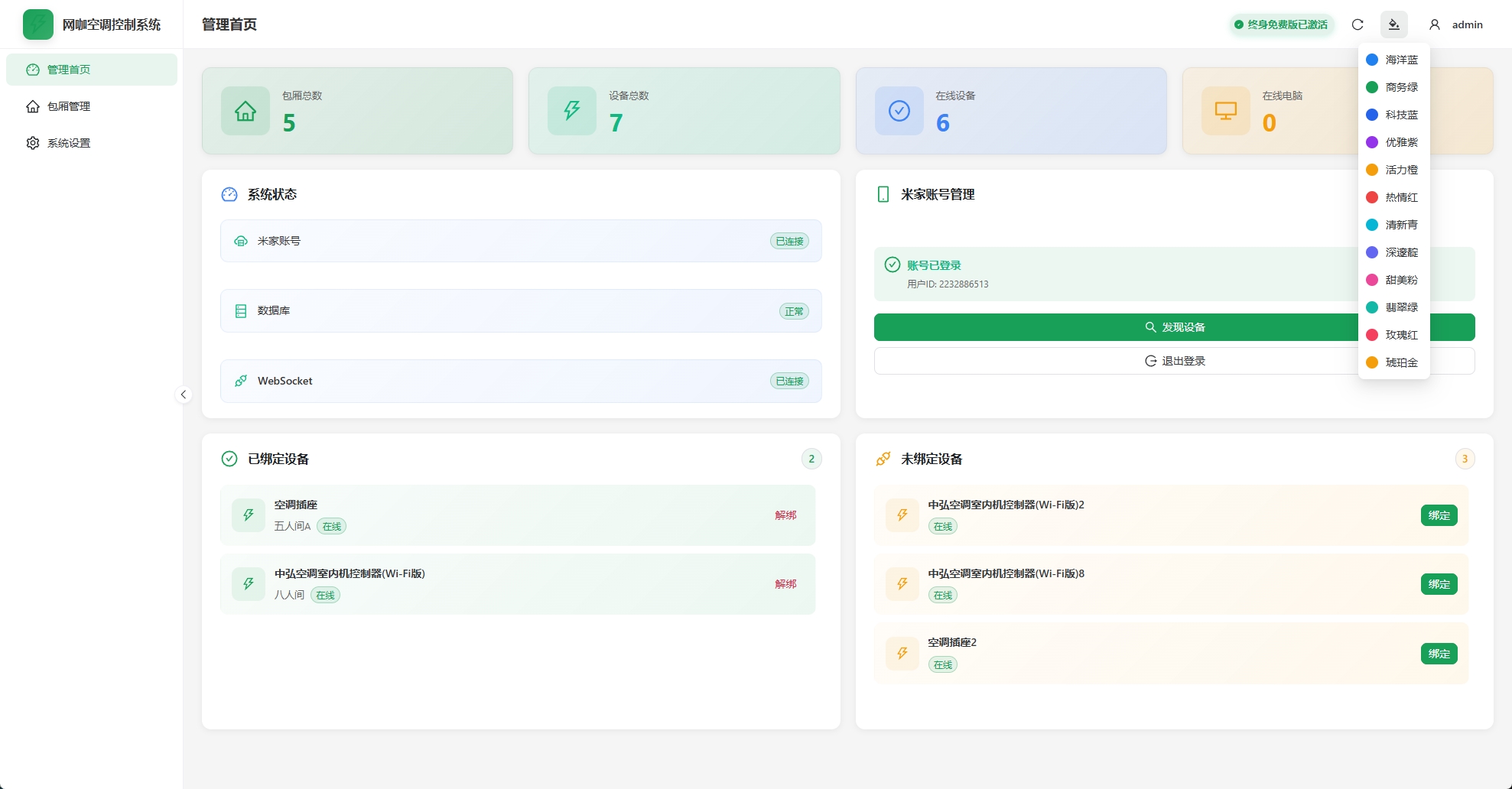 网咖智能空调控制系统 - 首页系统概览界面，展示整体功能布局和系统状态